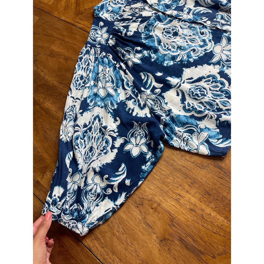 Haute Hippie Blouse Blue White Damask Paisley Button Front Boho Top S - Picture 5 of 11